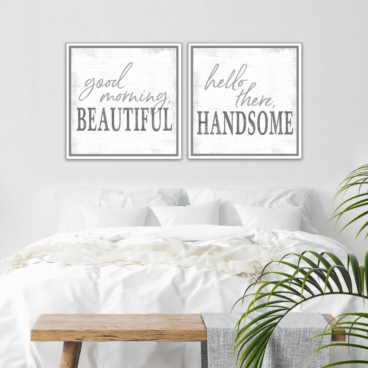 Good Morning Beautiful, Hello There Handsome Wall Art Above Bed - Pretty Perfect Studio