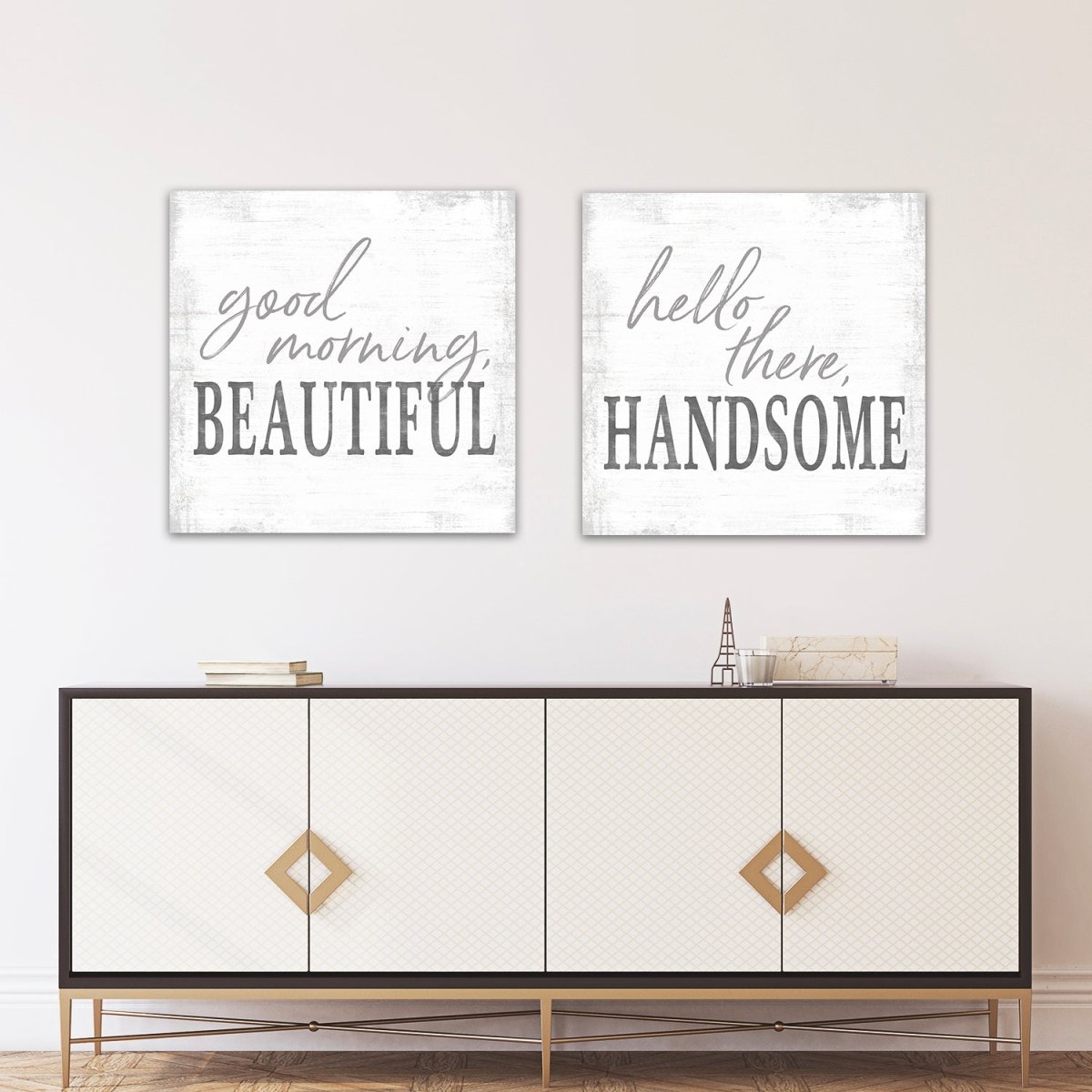 Good Morning Beautiful, Hello There Handsome Wall Art in Entryway - Pretty Perfect Studio