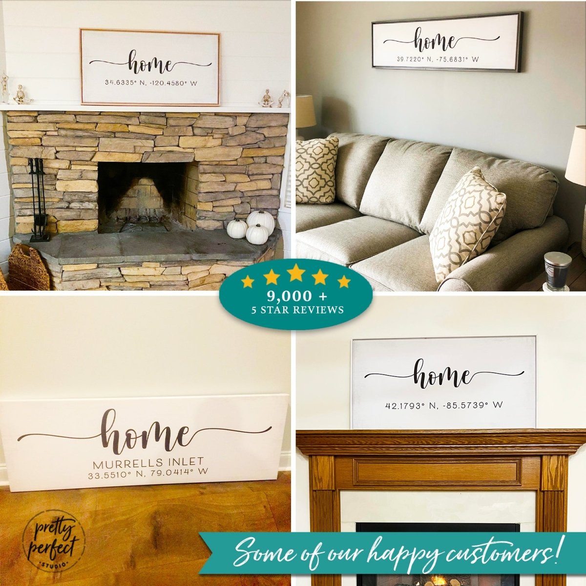personalized home coordinates sign displayed in multiple living spaces as modern farmhouse wall decor