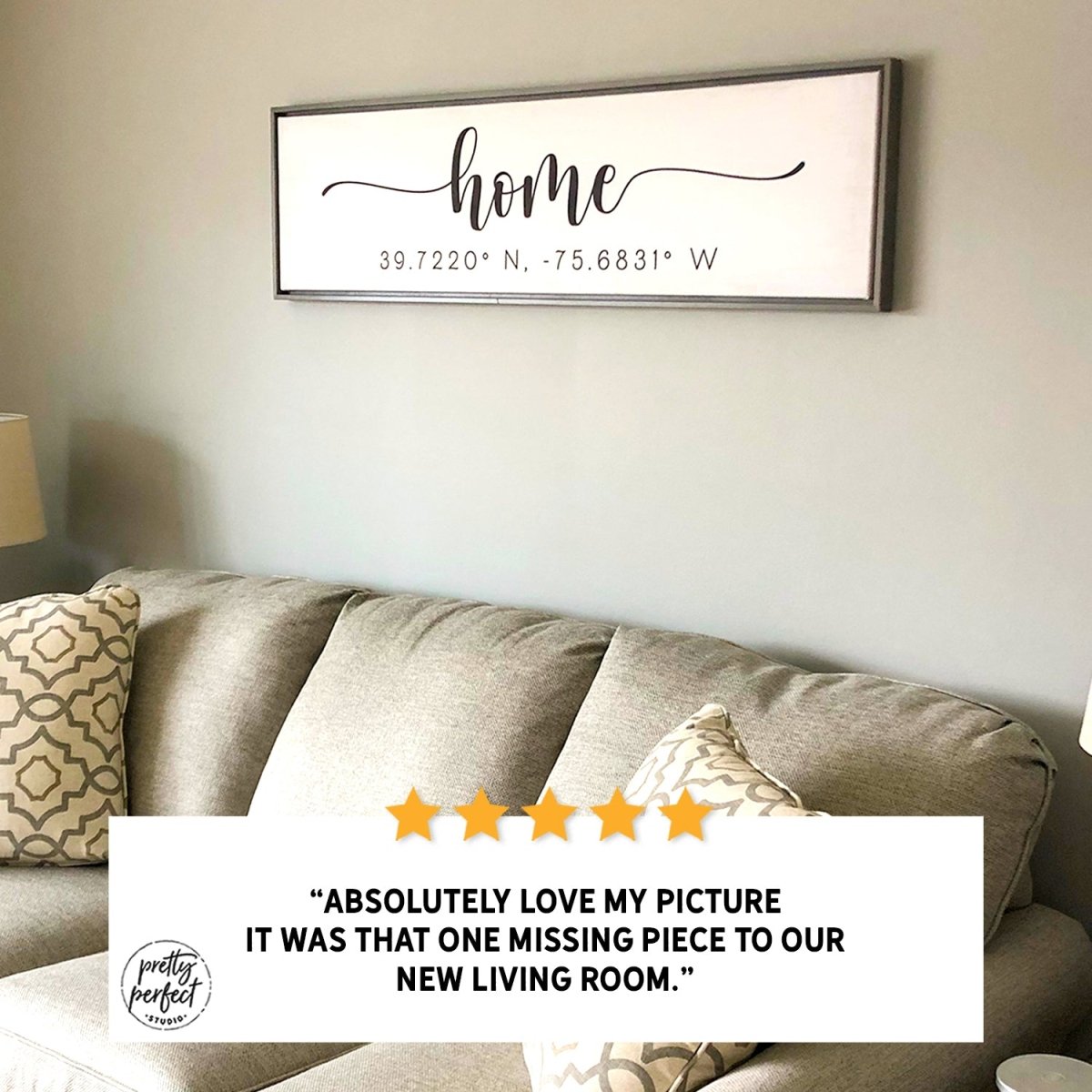 Customer product review for personalized coordinates home sign by Pretty Perfect Studio