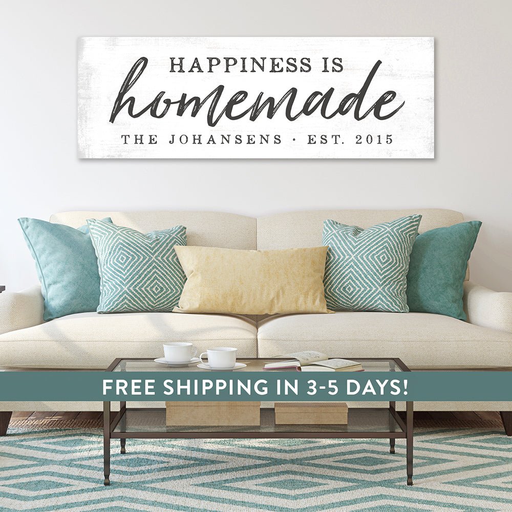 Happiness Is Homemade Personalized Name Sign Above Couch - Pretty Perfect Studio