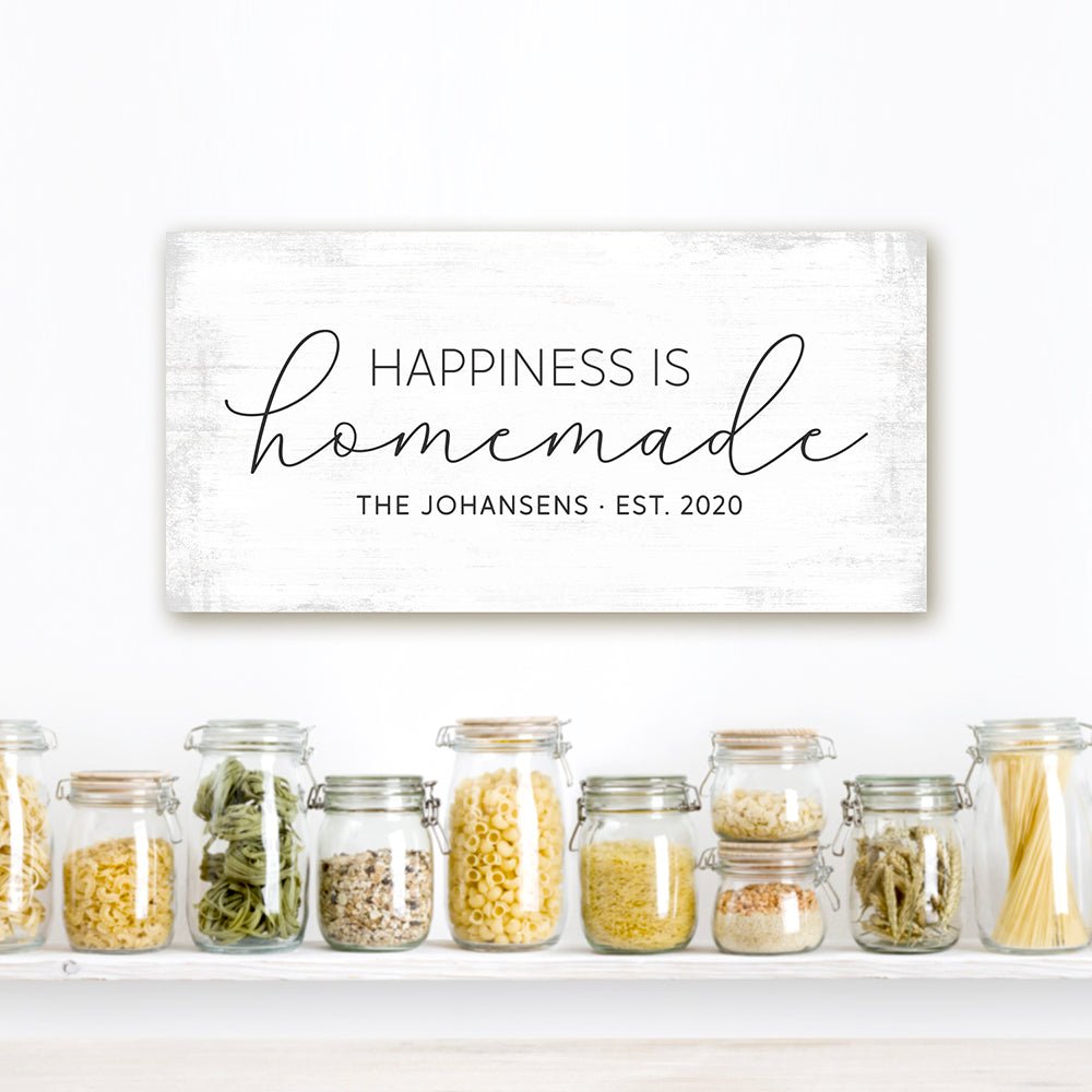 Happiness Is Homemade Canvas Sign Hanging On Wall in Kitchen - Pretty Perfect Studio