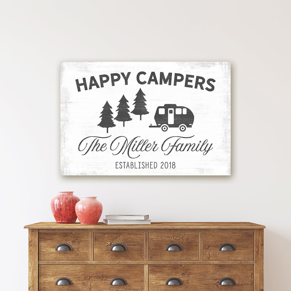 Happy Camper Sign With Family Name and Date On Wall Above Dresser - Pretty Perfect Studio