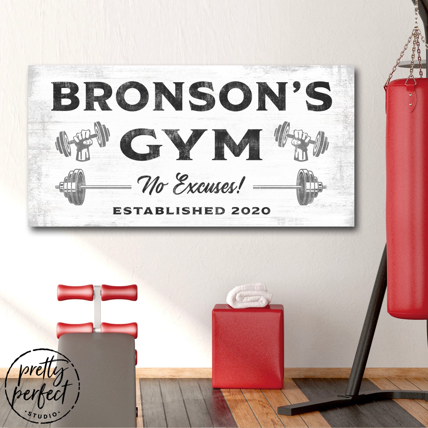 Custom Gym Sign Hanging in Fitness Center - Pretty Perfect Studio