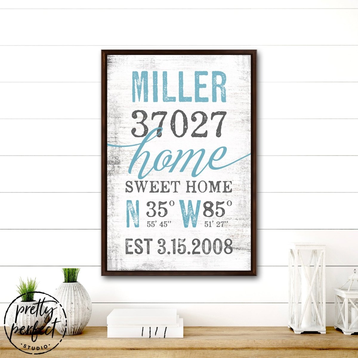 Home Sweet Home Latitude Longitude Sign Above Table - Pretty Perfect Studio