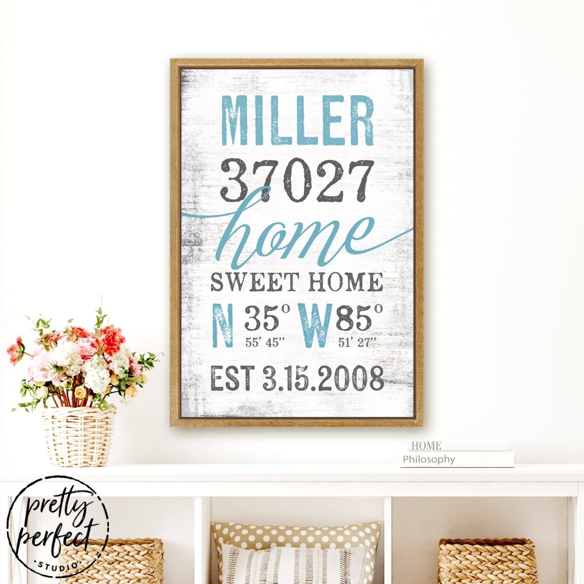 Home Sweet Home Latitude Longitude Sign Above Table - Pretty Perfect Studio