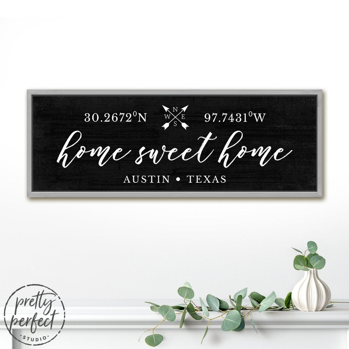 Home Sweet Home Location Sign Hanging in Entryway Area of Home - Pretty Perfect Studio
