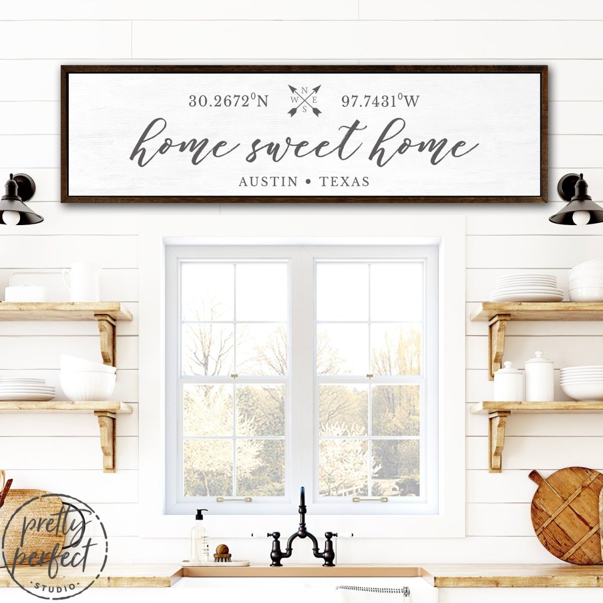 Home Sweet Home Location Sign Hanging Above Sink in Kitchen - Pretty Perfect Studio