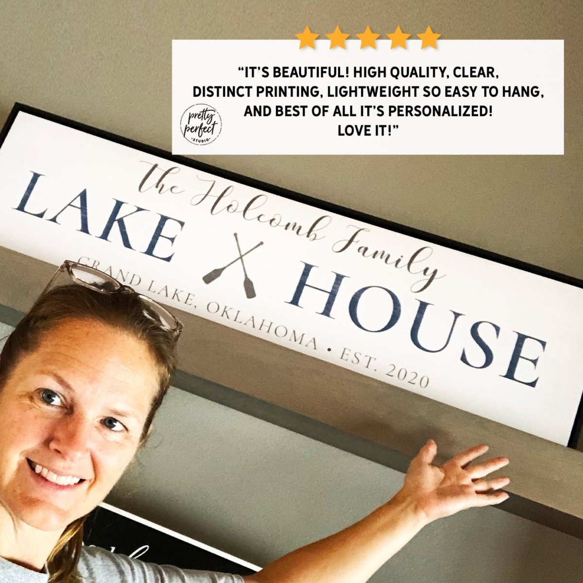 Customer product review for personalized lake house sign by Pretty Perfect Studio