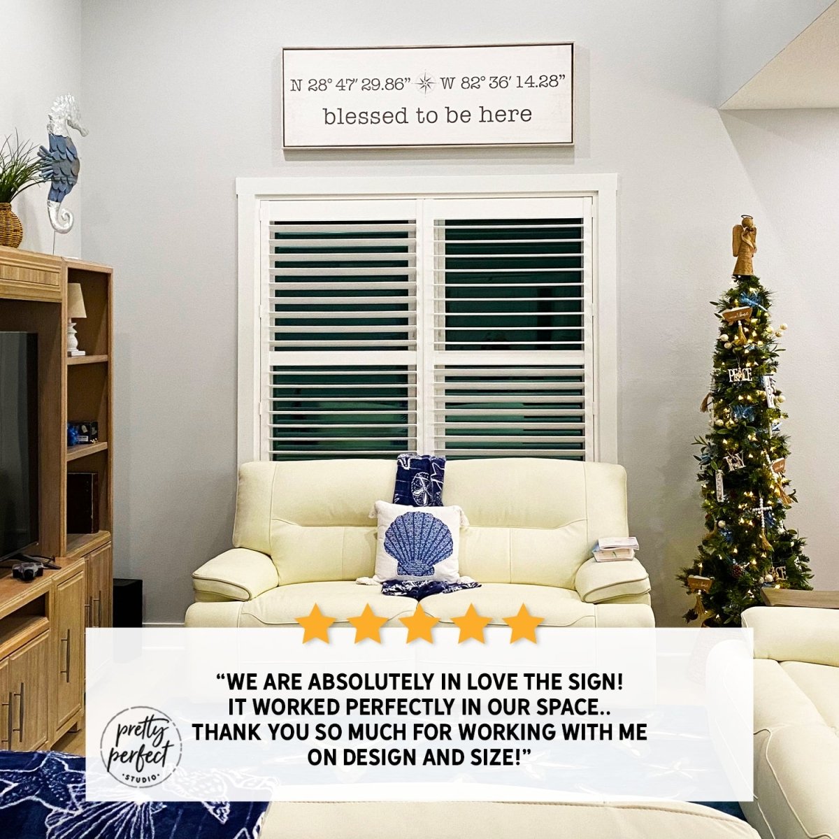 Customer product review for personalized latitude longitude sign by Pretty Perfect Studio