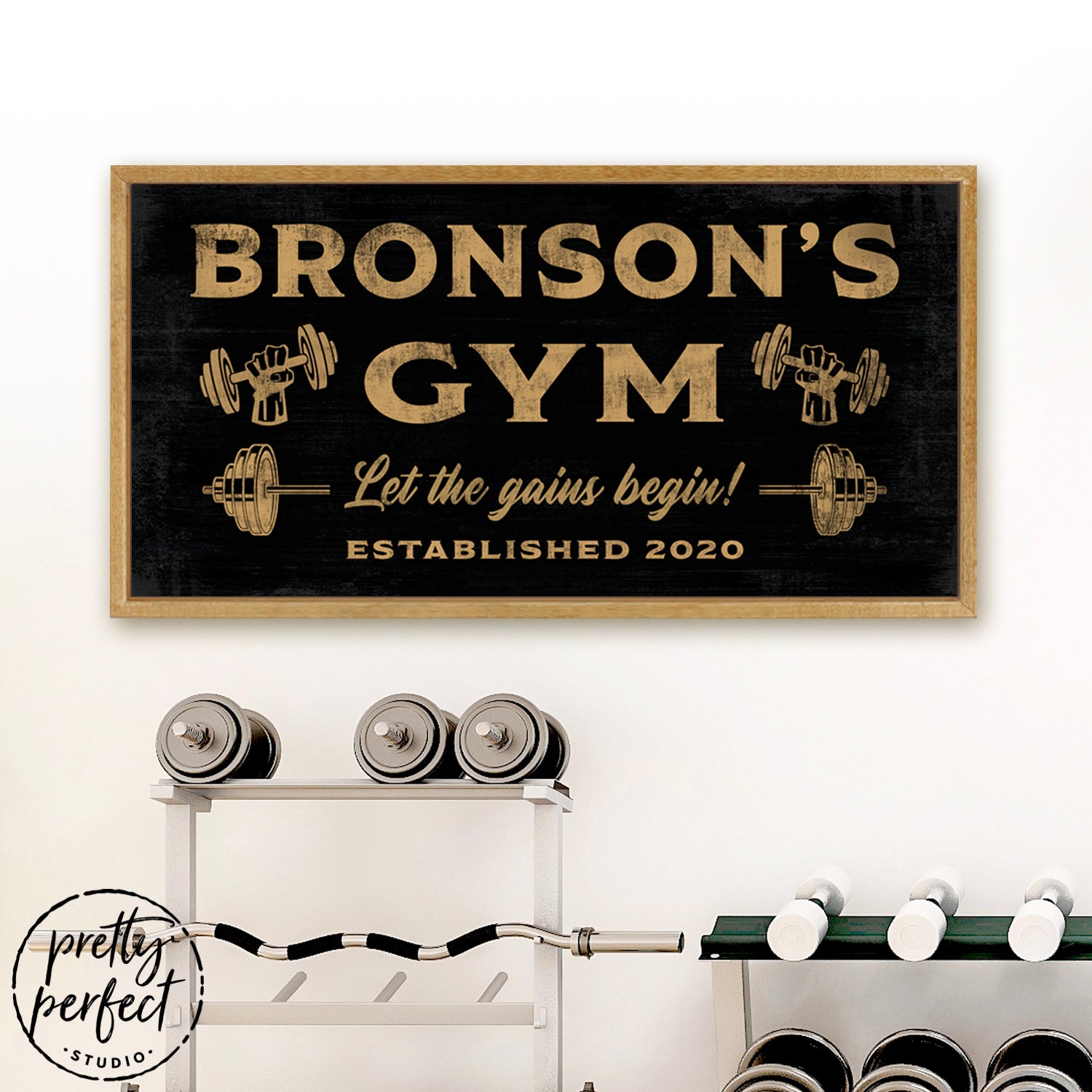 Custom Home Gym Sign Hanging in Fitness Room - Pretty Perfect Studio