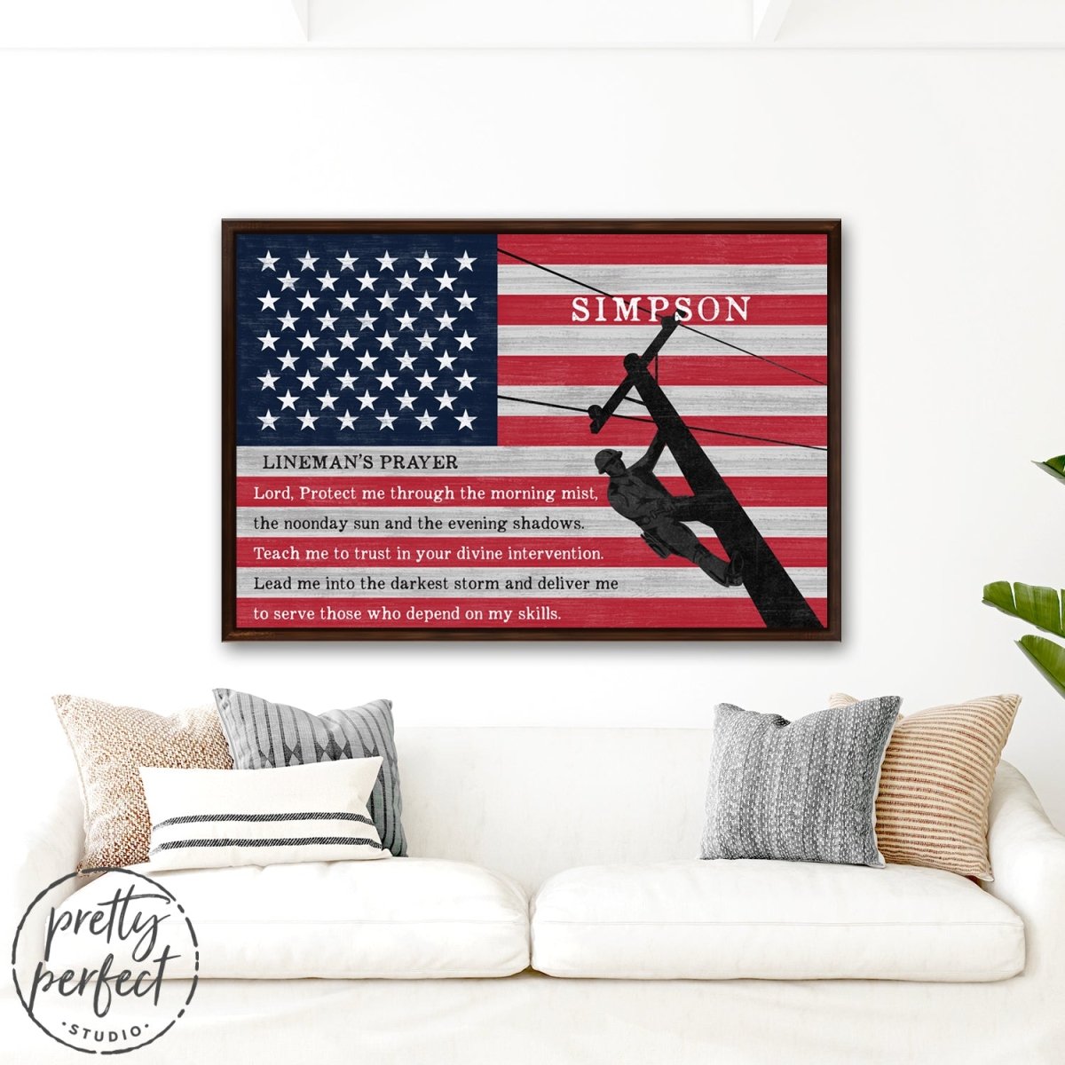 Lineman's Prayer Personalized With Name Sign Above Couch - Pretty Perfect Studio