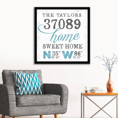 Location Sign With Name and Zip Code In Living Room Above Chair - Pretty Perfect Studio