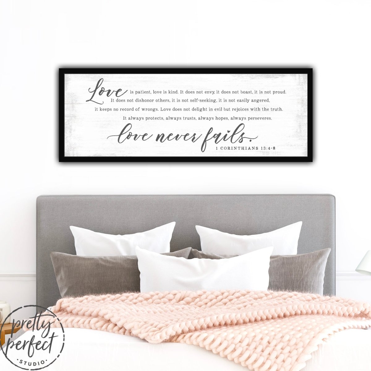 Love Is Patient, Love is Kind Bible Verse Wall Art Above Bed - Pretty Perfect Studio