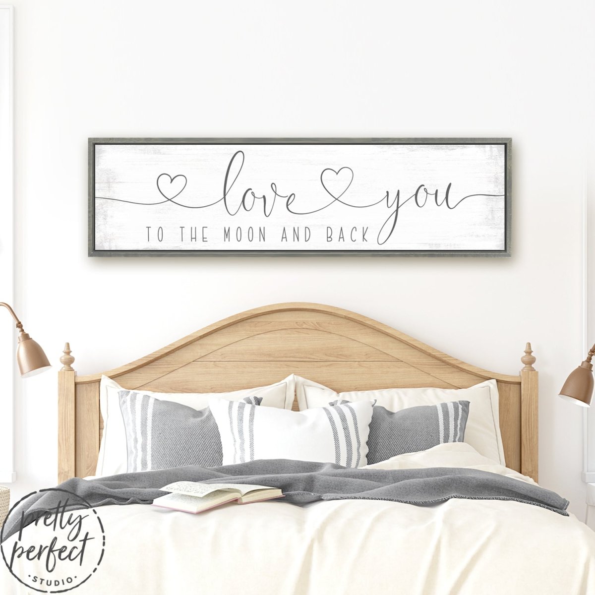 Love You to the Moon and Back Sign With Hearts Over Bed - Pretty Perfect Studio