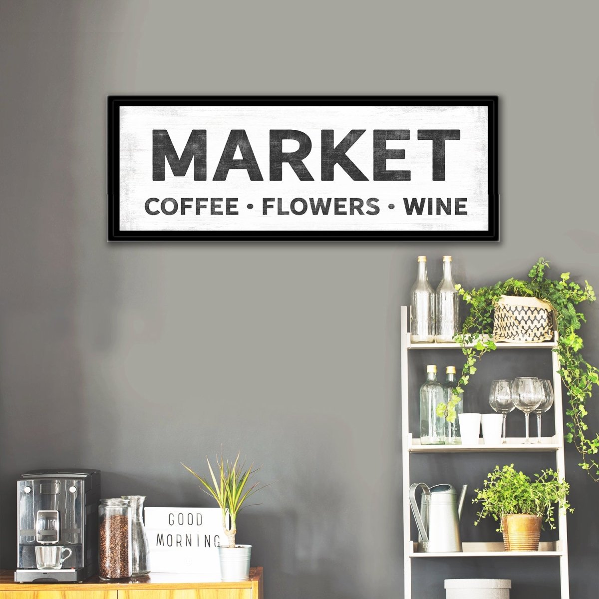 Market Sign - Coffee, Flowers, Wine Wall Art in Kitchen - Pretty Perfect Studio