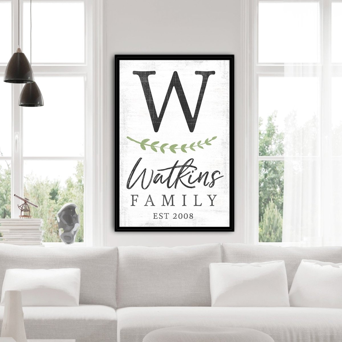 Monogram Family Last Name Sign with Established Date Above Couch in Living Room - Pretty Perfect Studio