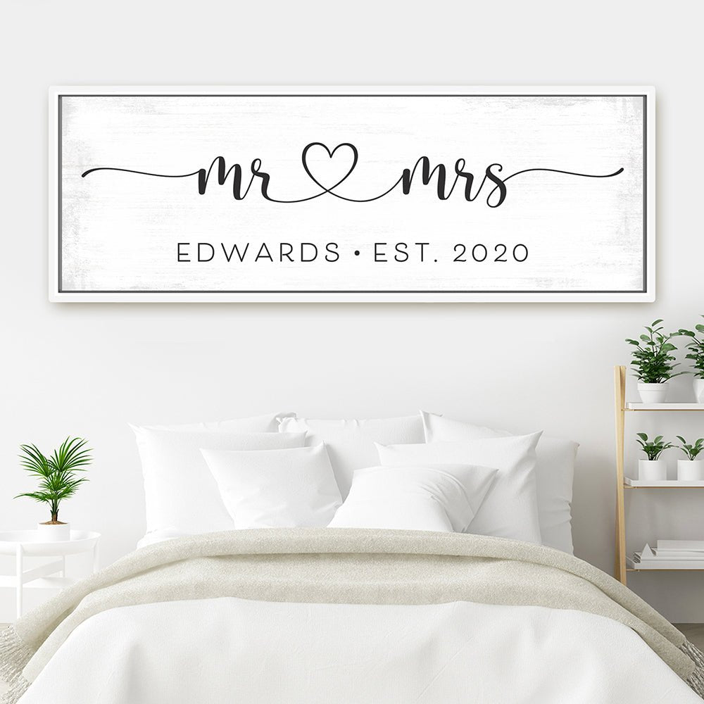 Mr And Mrs Personalized Name Sign With Established Date Above Bed - Pretty Perfect Studio