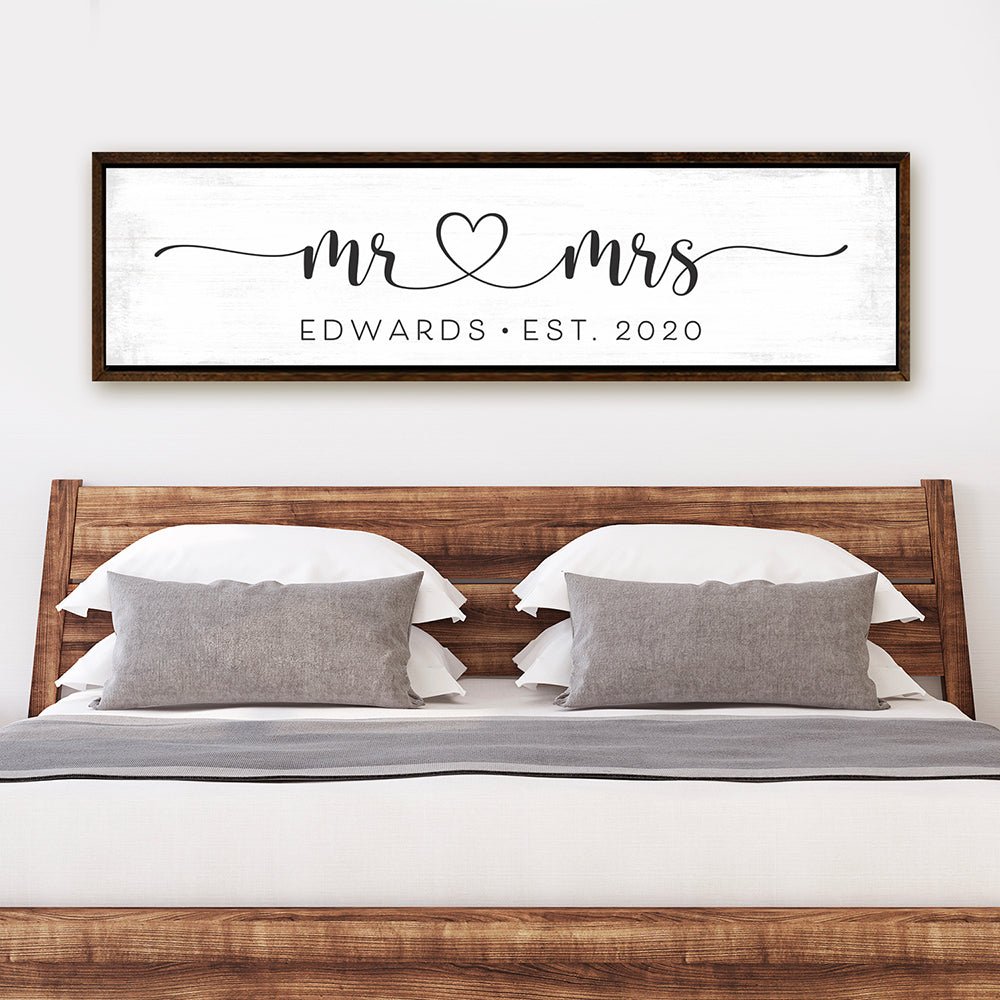 Mr And Mrs Personalized Name Sign With Established Date Above Bed - Pretty Perfect Studio