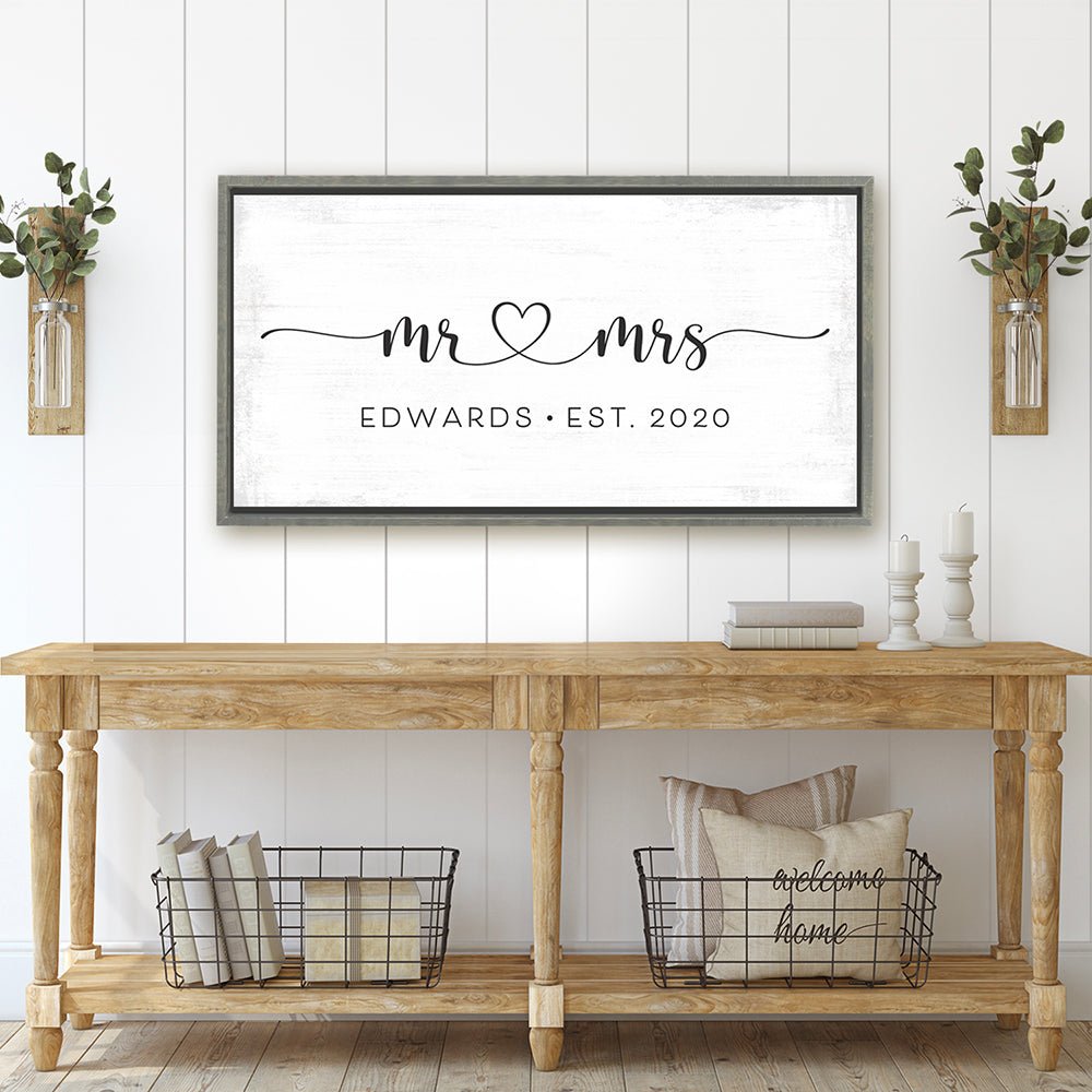 Mr And Mrs Personalized Name Sign With Established Date Above Entryway Table - Pretty Perfect Studio