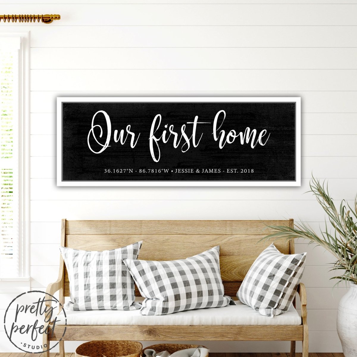Our First Home Personalized Sign With Name and Established Date Above Entryway Table - Pretty Perfect Studio