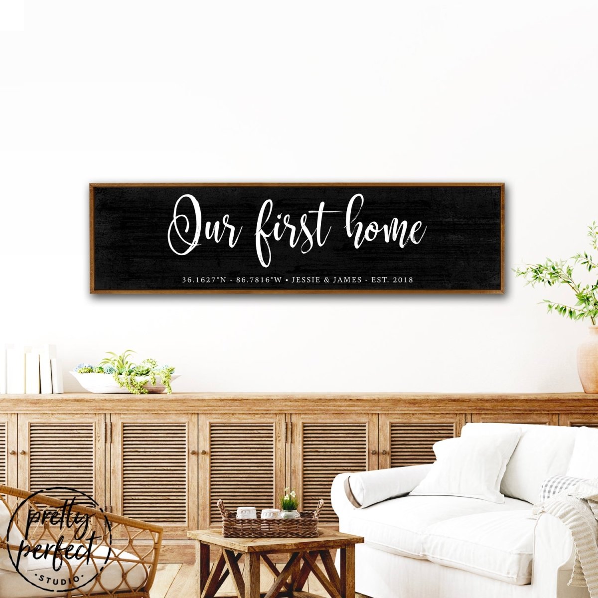 Our First Home Personalized Sign With Name and Established Date Above Entryway Table - Pretty Perfect Studio