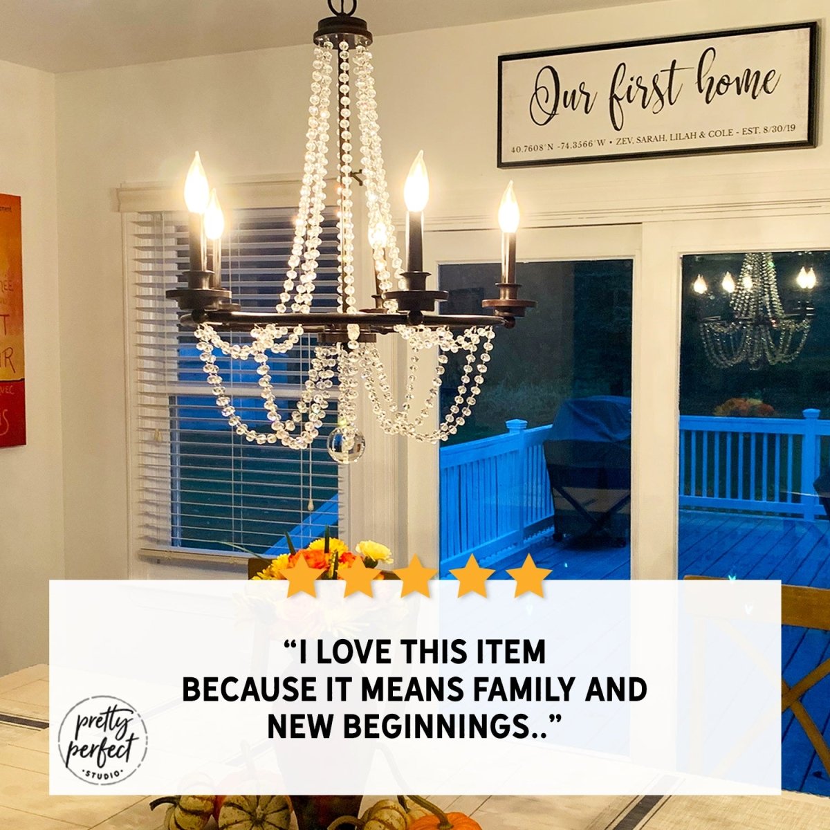 Customer product review for personalized our first home sign by Pretty Perfect Studio
