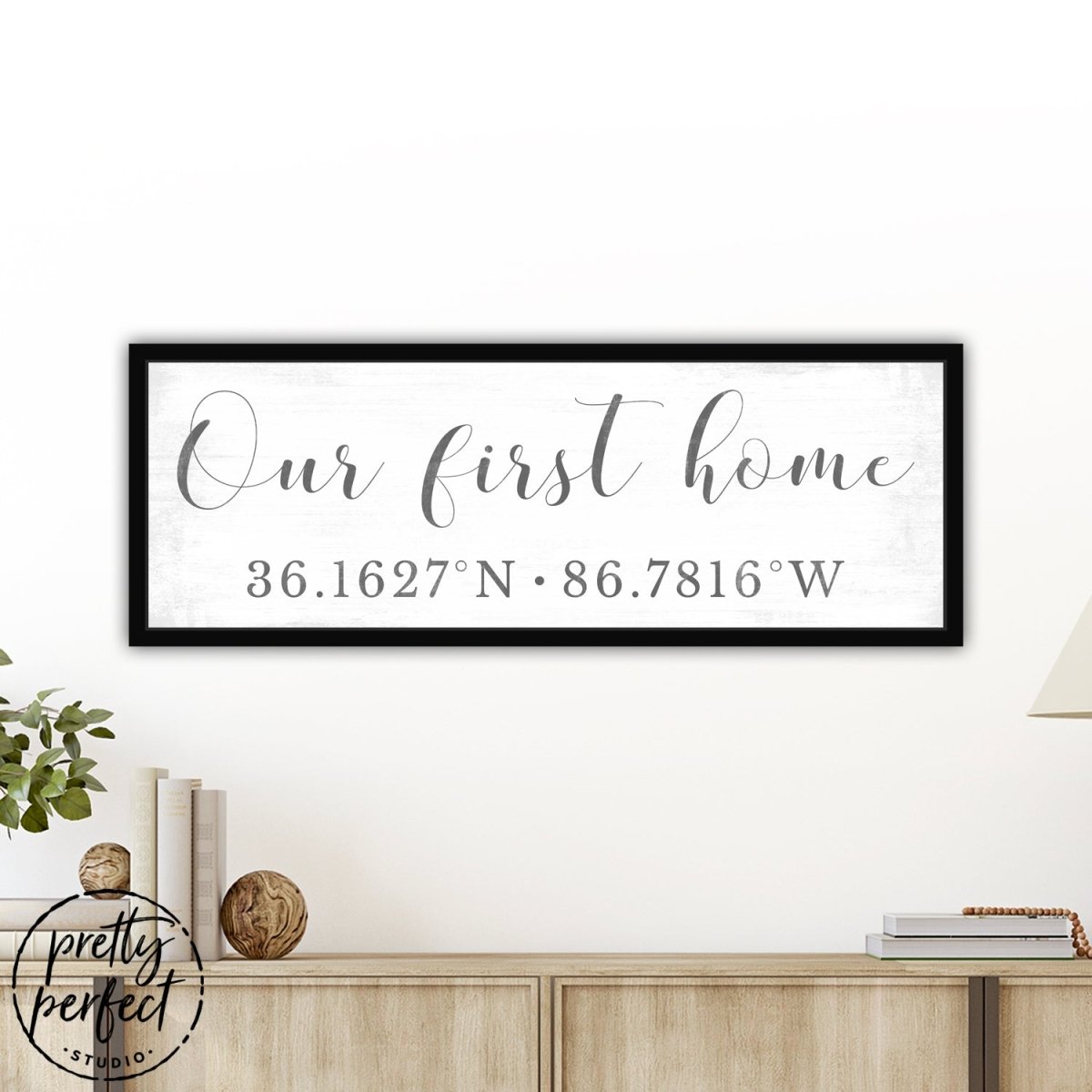 Our First Home Sign With GPS Coordinates in Entryway - Pretty Perfect Studio