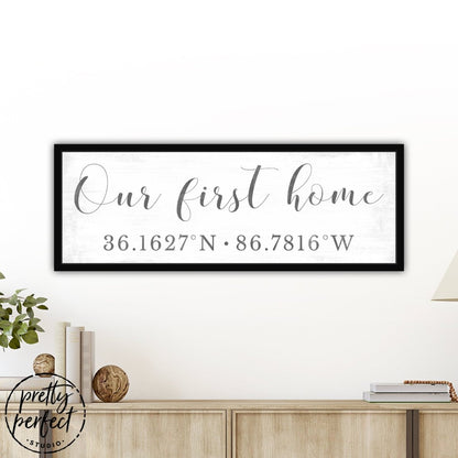 Our First Home Sign With GPS Coordinates in Entryway - Pretty Perfect Studio
