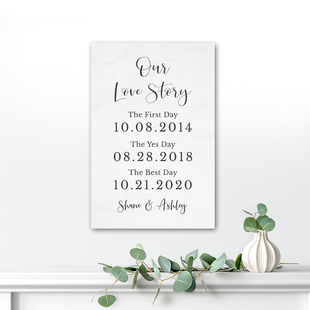 Our Love Story Personalized Sign With Names and Dates Hanging On Wall Above Shelf - Pretty Perfect Studio