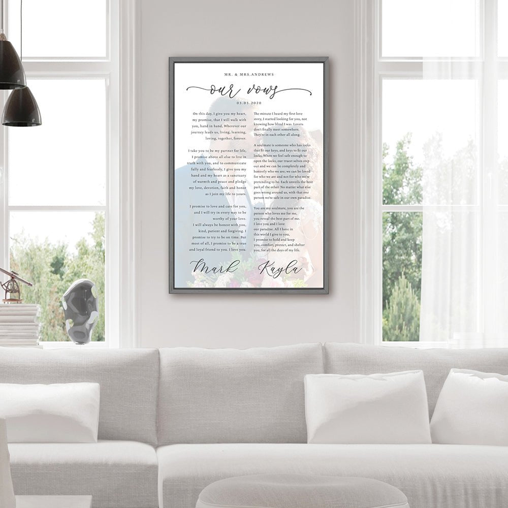 personalized wedding vows canvas wall art above couch, custom framed vows print with names and wedding date, elegant vow artwork modern living room decor, romantic wedding vows keepsake gift for couples or anniversary, minimalist framed vow poster neutral home decor