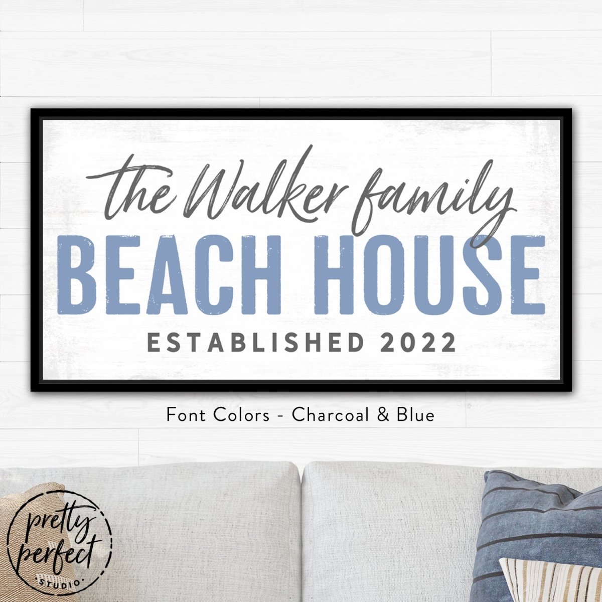 Personalized beach house sign decor in living room with font blue color