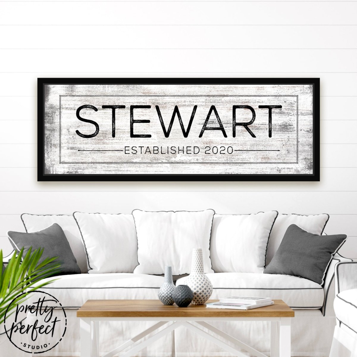 Personalized Family Name Established Sign Above Couch in Living Room - Pretty Perfect Studio