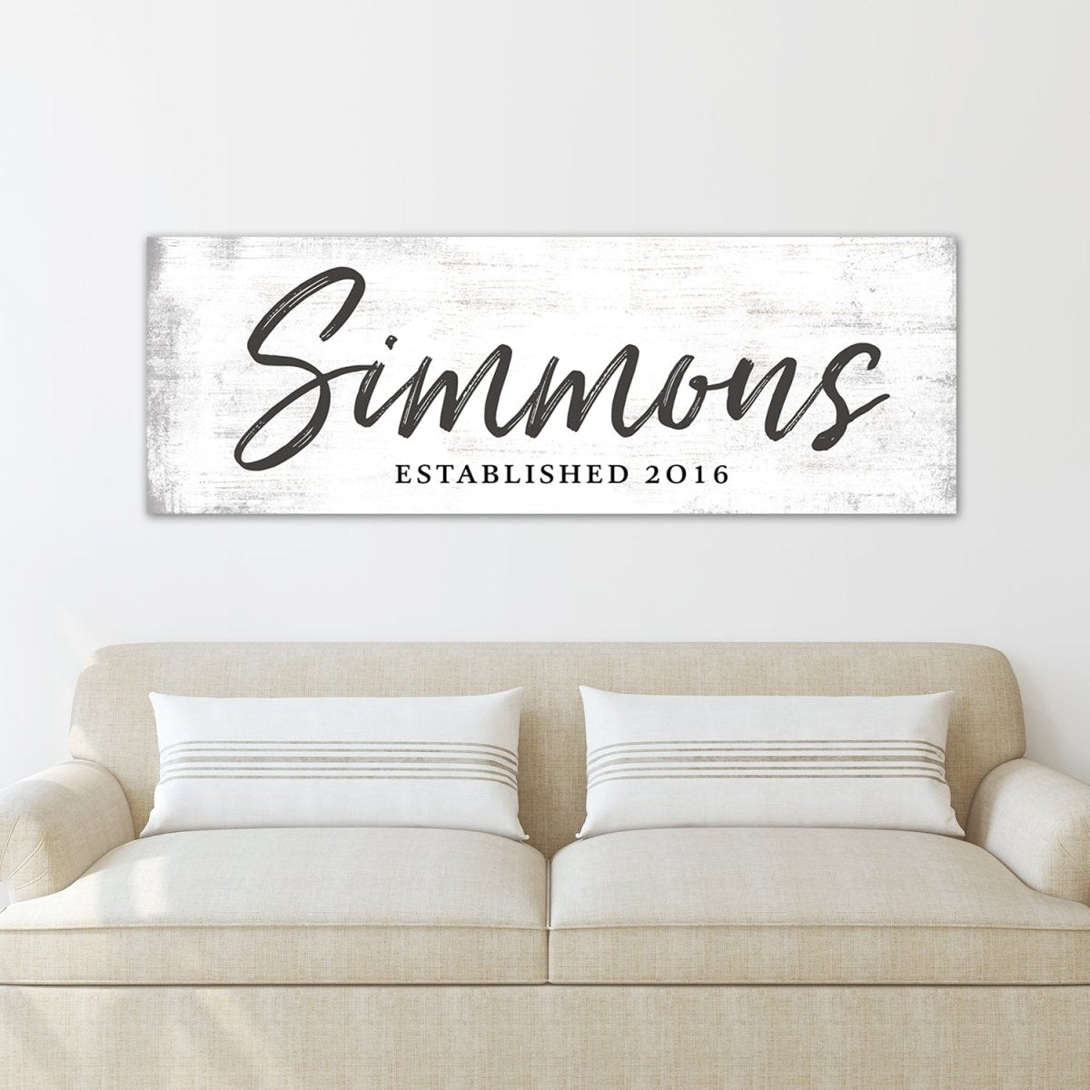 Personalized Family Sign With Established Date Above Couch - Pretty Perfect Studio