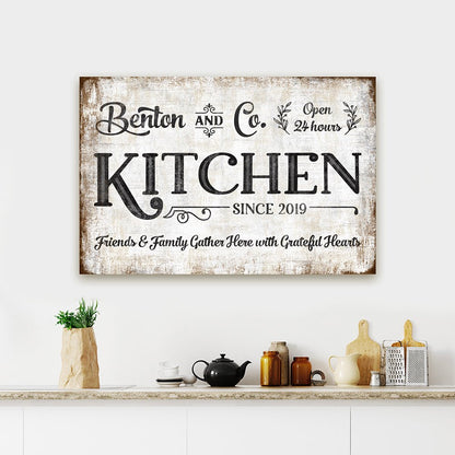 Personalized Farmhouse Kitchen Sign With Name, Established Date, and Quote Hanging In Kitchen - Pretty Perfect Studio