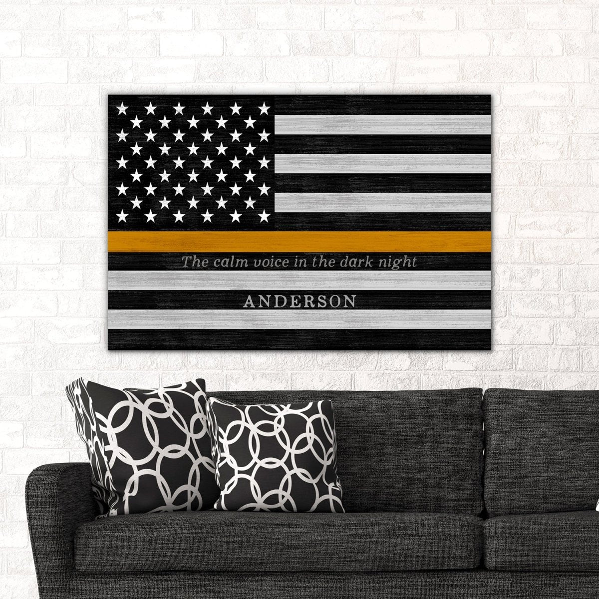Personalized Flag Sign For 911 Dispatchers & Tow Truck Drivers Above Couch - Pretty Perfect Studio
