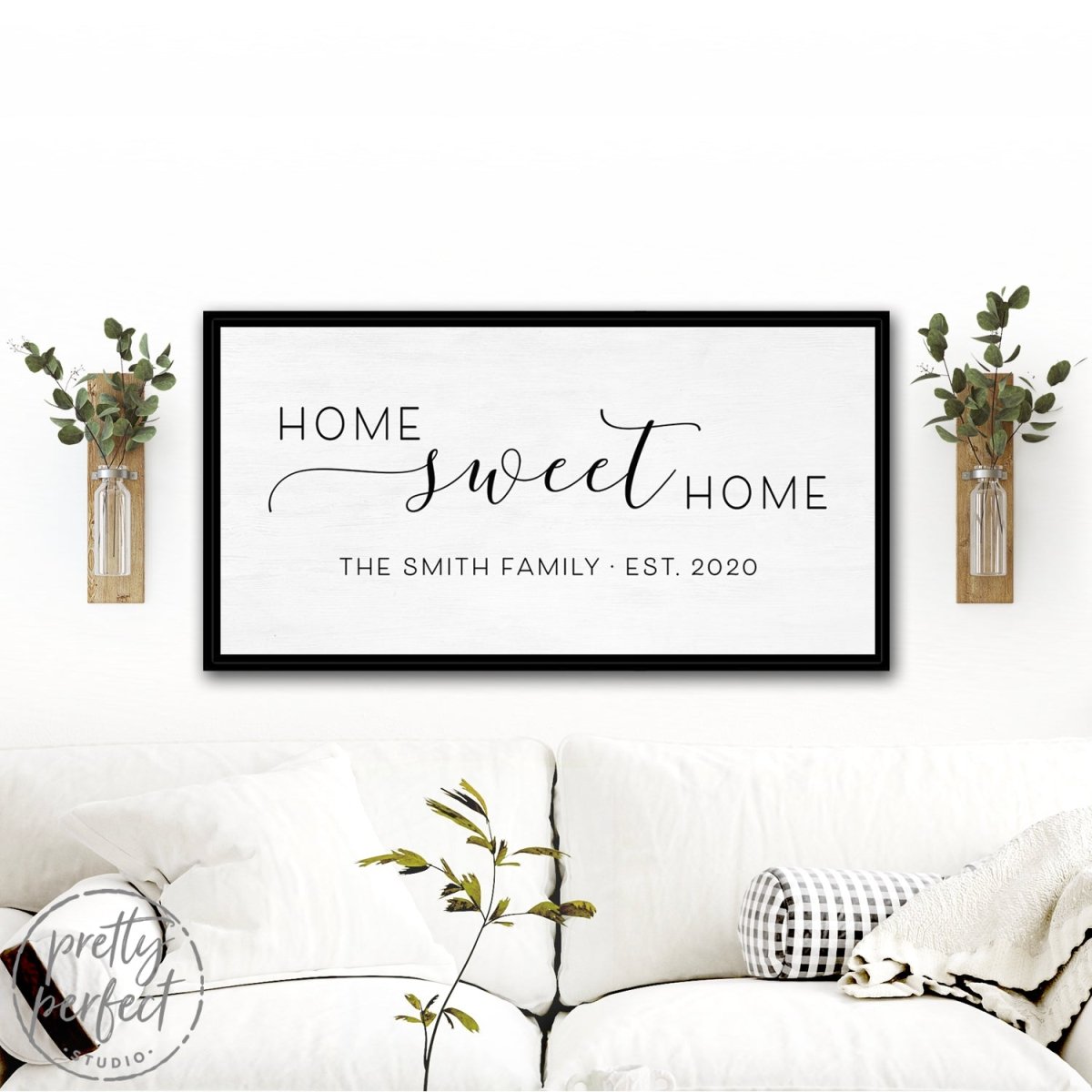 Personalized Home Sweet Home Sign Hanging on Wall in Living Room - Pretty Perfect Studio