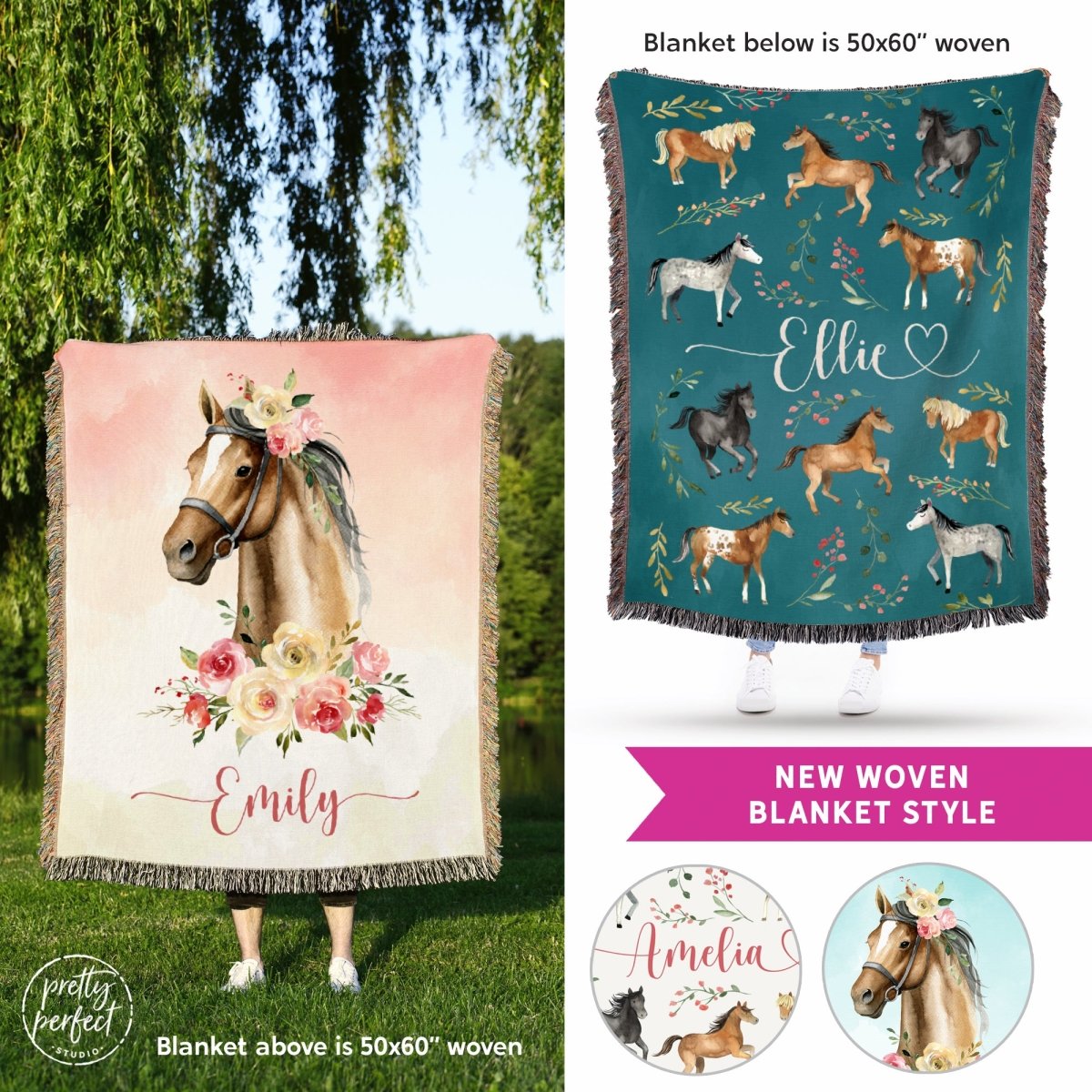 Personalized Horse Baby Blanket Gifts For Girls, Floral Horse Custom Baby Blanket