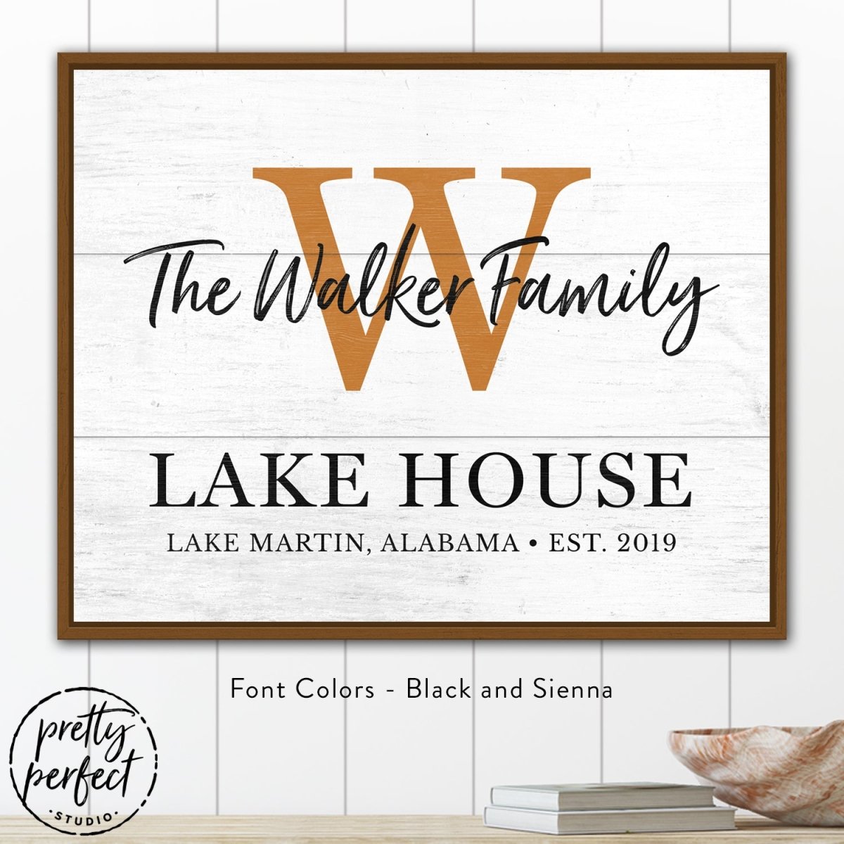 Personalized lake house sign showing customization above table console