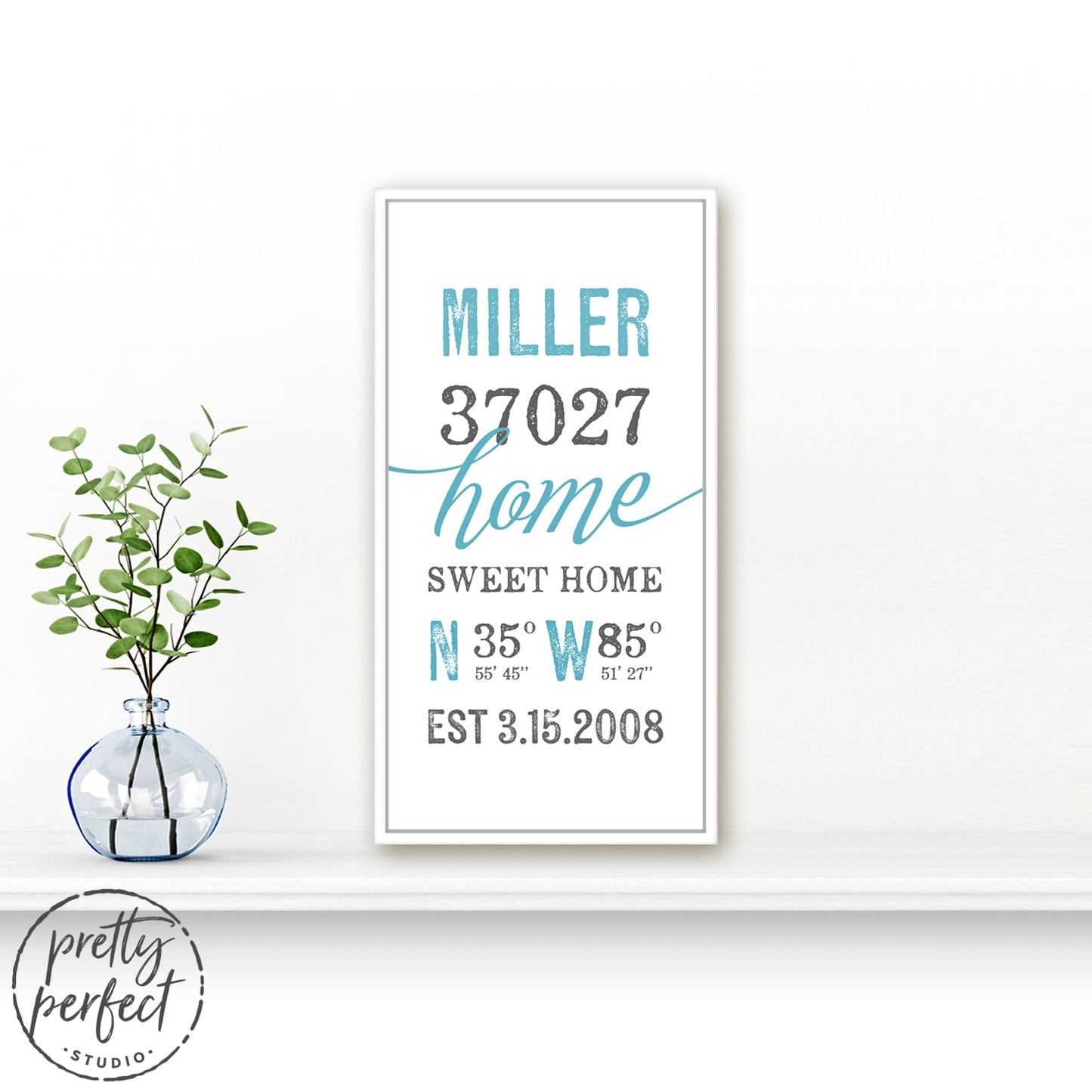 Custom Location Sign With Name and Zip Code Above Shelf - Pretty Perfect Studio