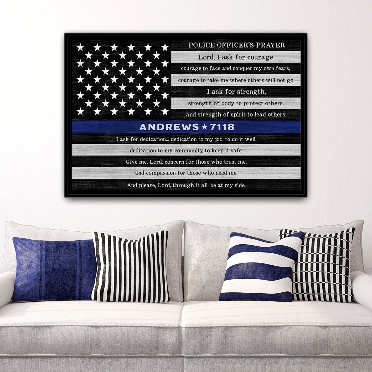 Personalized police officer prayer wall art with name and badge number above couch, thin blue line canvas decor for living room or law enforcement gift
