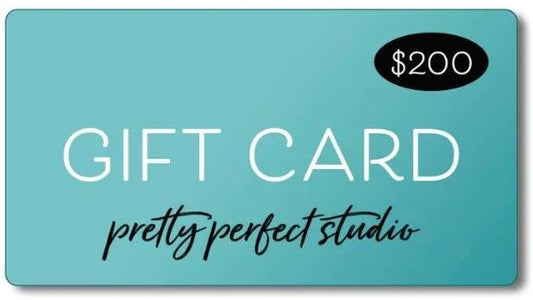 Teal gift card with 'pretty perfect studio' text and $200 amount