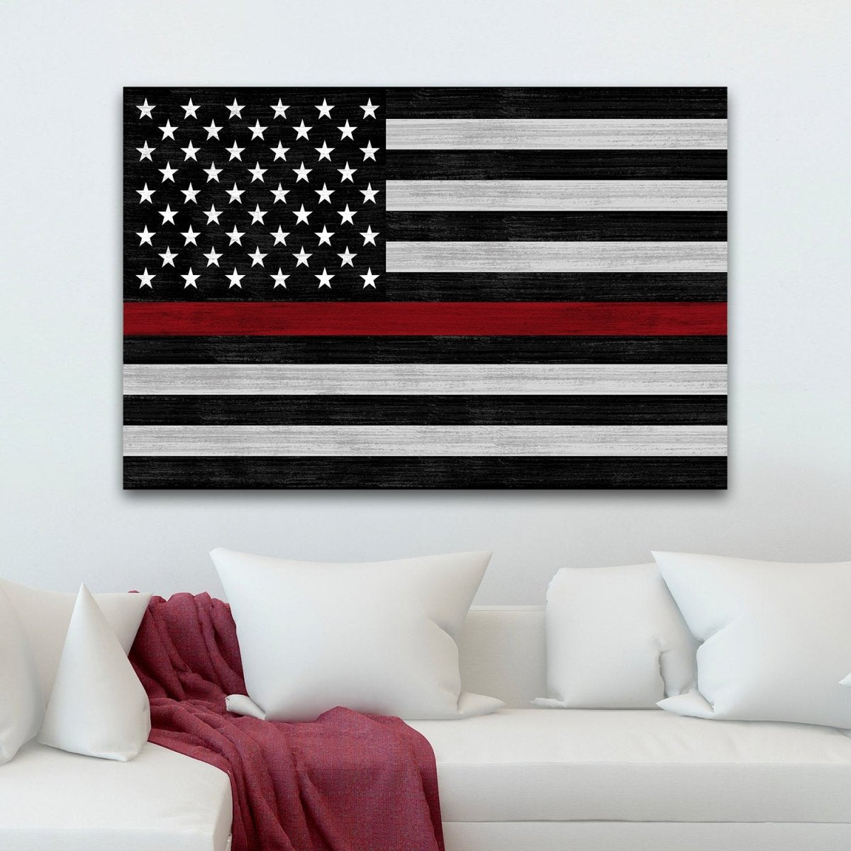 Red Line Flag Sign for Firefighters Above Mantle - Pretty Perfect Studio