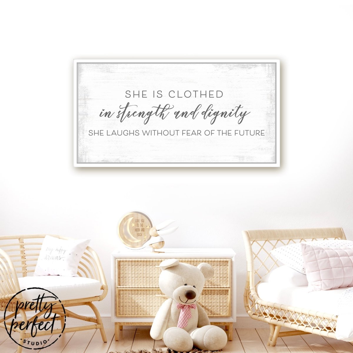 She Is Clothed In Strength and Dignity Sign Above Table - Pretty Perfect Studio