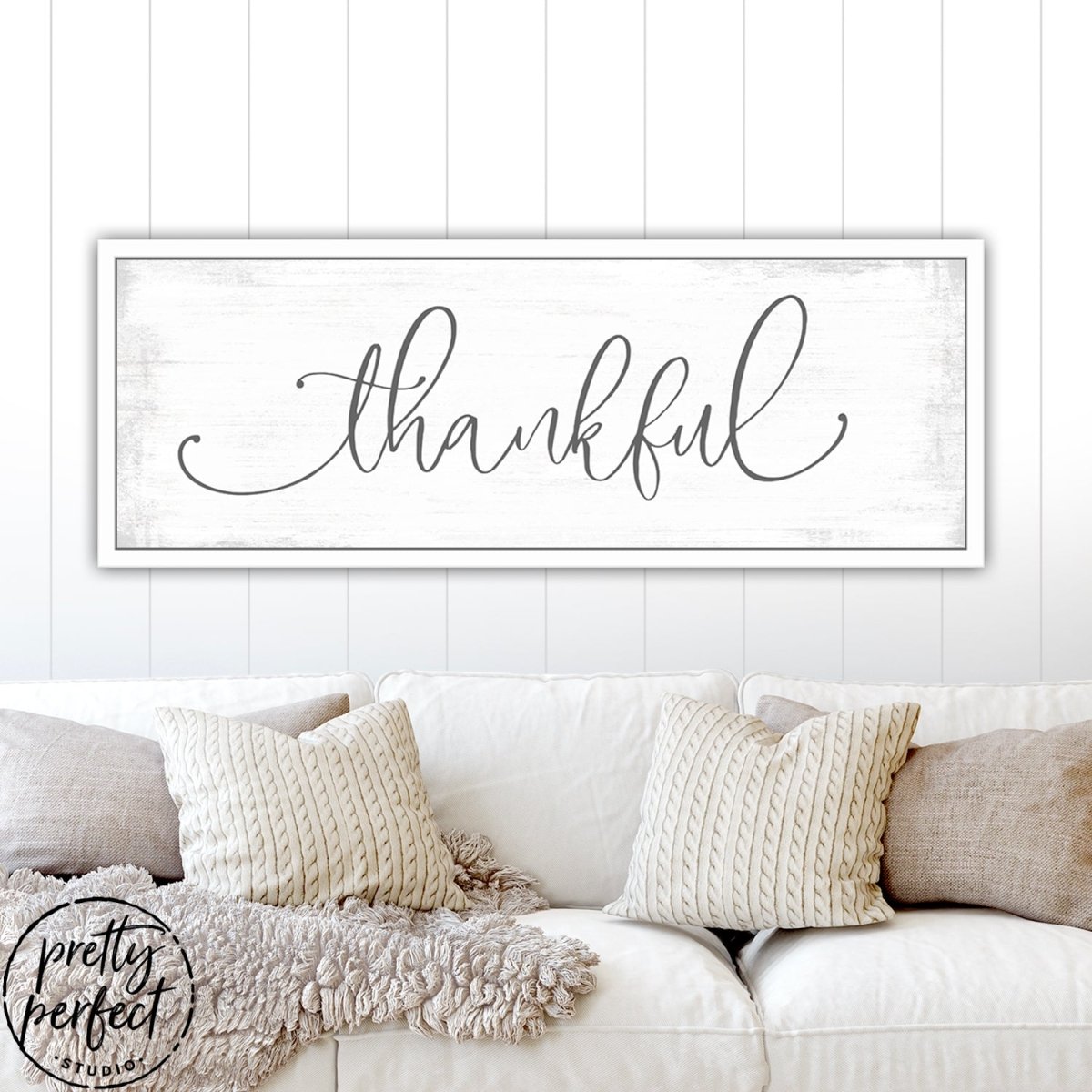 Thankful Rustic Farmhouse Sign in Family Room Above Couch - Pretty Perfect Studio