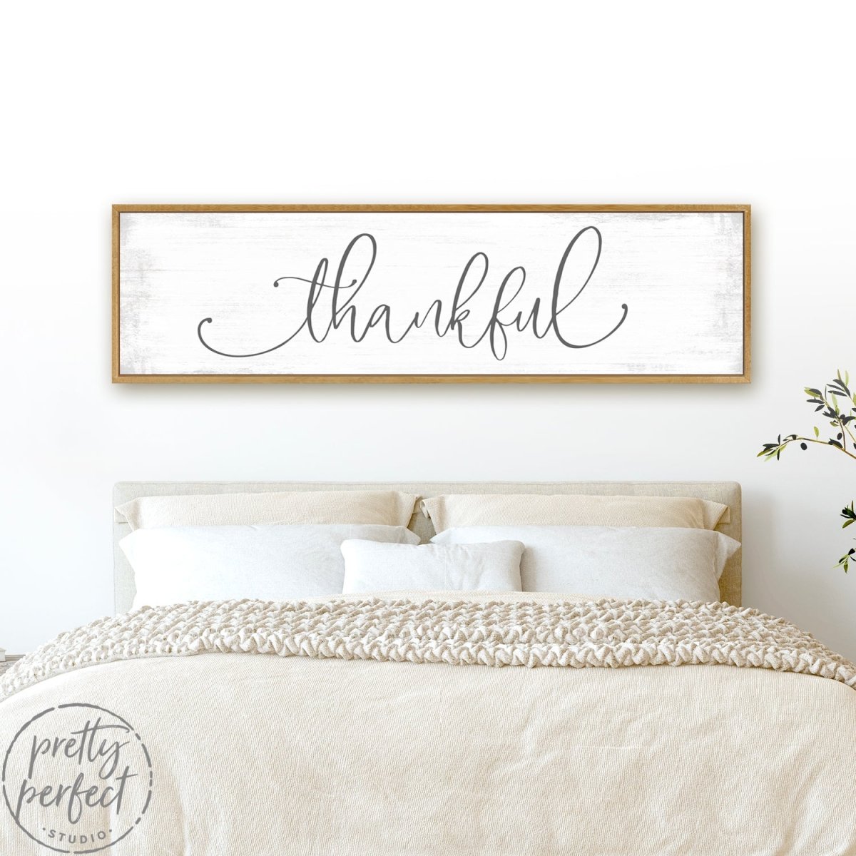 Thankful Rustic Farmhouse Sign in Family Room Above Bed - Pretty Perfect Studio