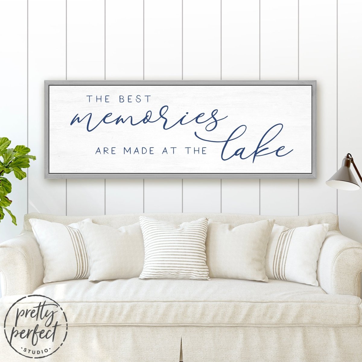 The Best Memories Are Made At The Lake Wall Art Hanging on Wall Above Couch in Family Room - Pretty Perfect Studio