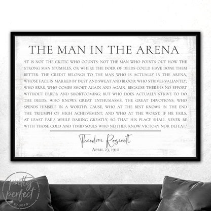 The Man In The Arena Sign Above Couch - Pretty Perfect Studio