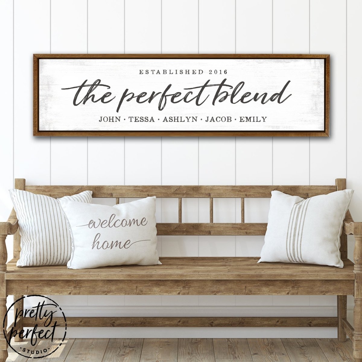 The Perfect Blend Personalized Family Name Sign Above Entryway Bench - Pretty Perfect Studio
