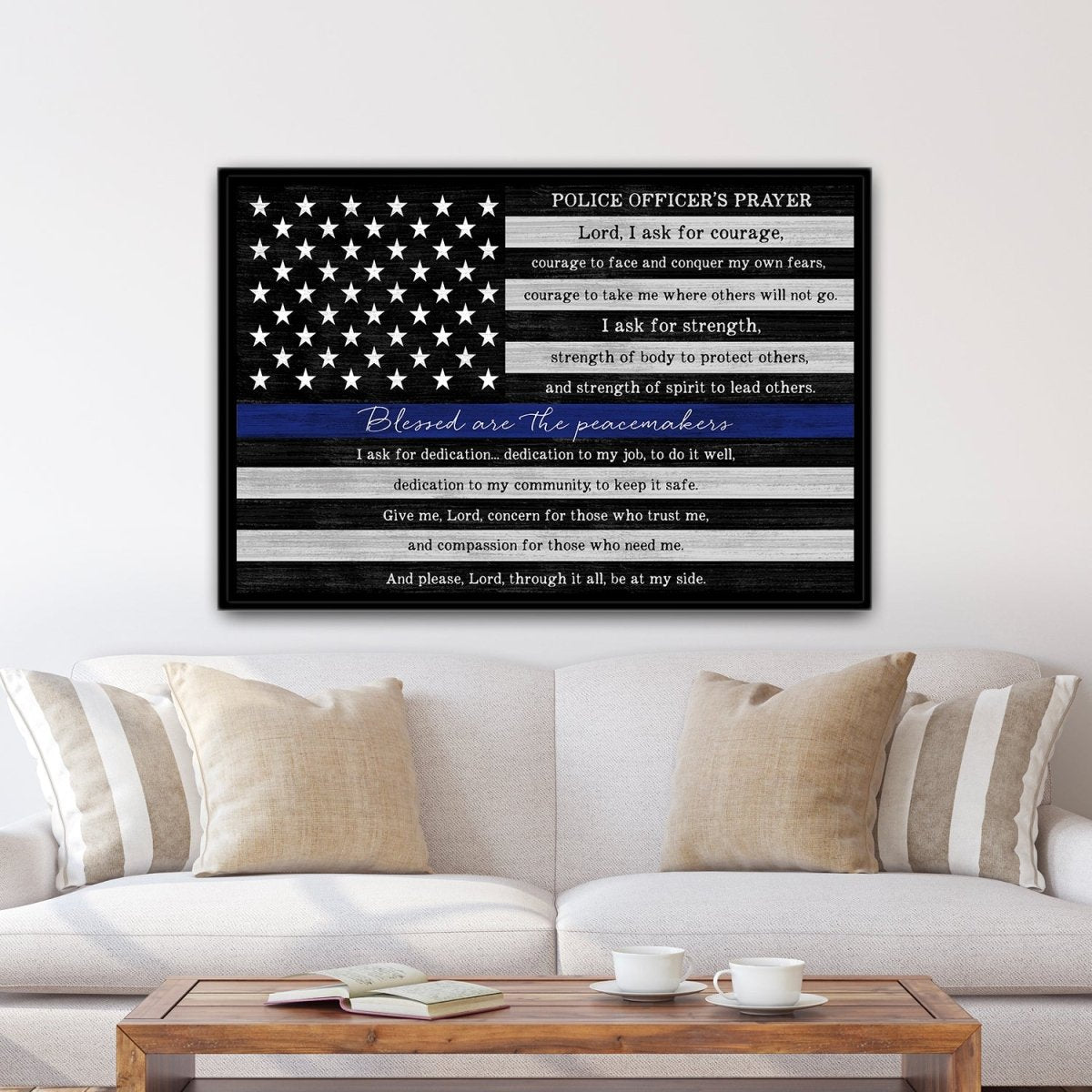 Personalized Blue Line Police Officer Oath Sign Above Couch - Pretty Perfect Studio